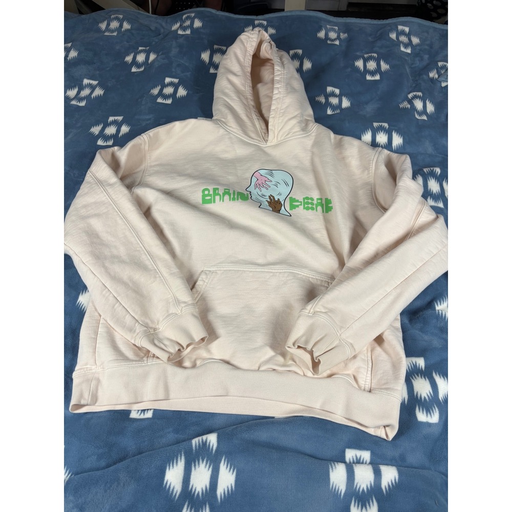Brain Dead Graphic Logo Hoodie Mens Large Cream Pink Green Streetwear Sweatshirt